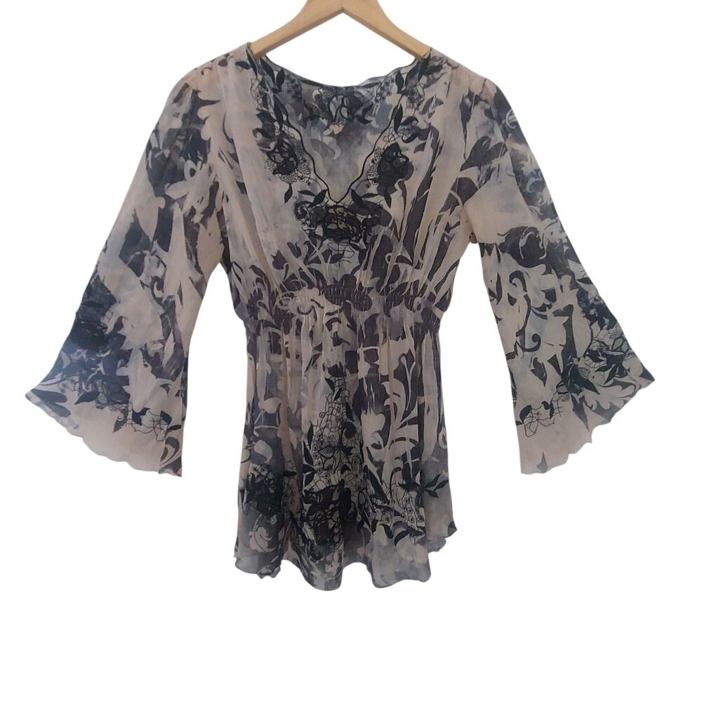 Mushka by Sienna Rose XL Y2K Tunic Blouse Beige Black Sheer Lace Boho Top